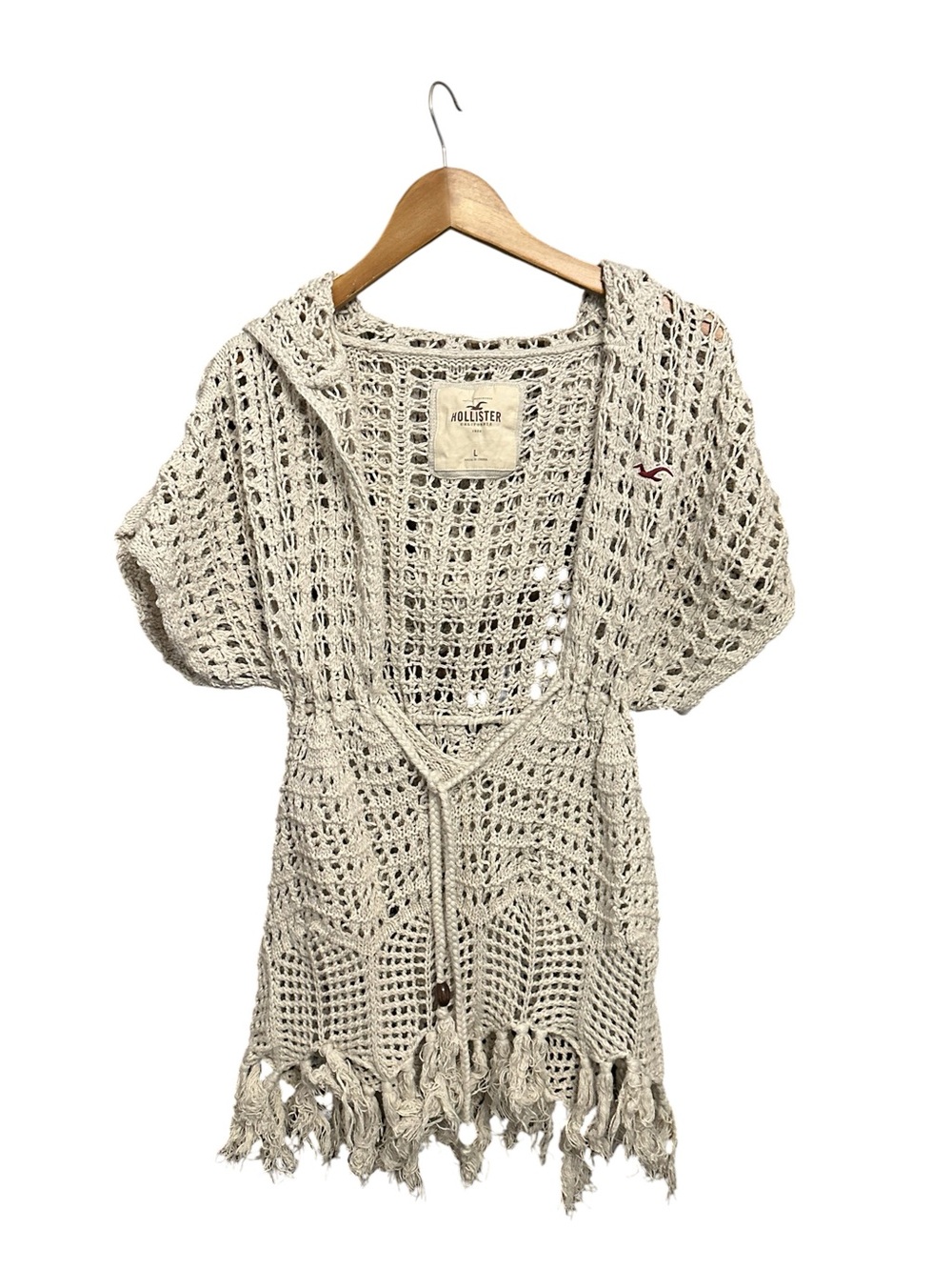 VTG Y2K Hollister Boho Coverup Size Large Crochet Fringe Hooded Open Knit